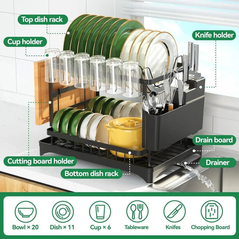 2 Tier Stainless Steel Dish Drying Rack with Drainboard Kitchen Tableware Storage Organizer