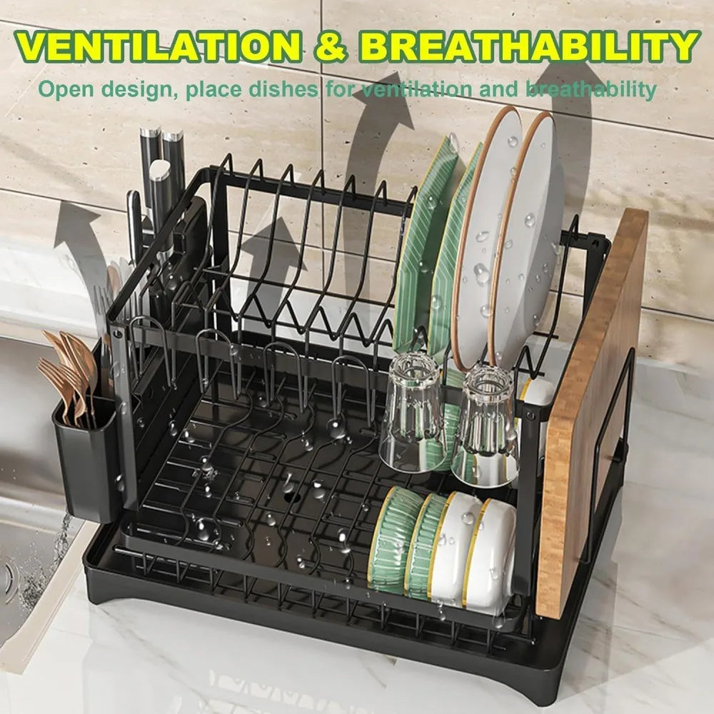 2 Tier Stainless Steel Dish Drying Rack with Drainboard Kitchen Tableware Storage Organizer