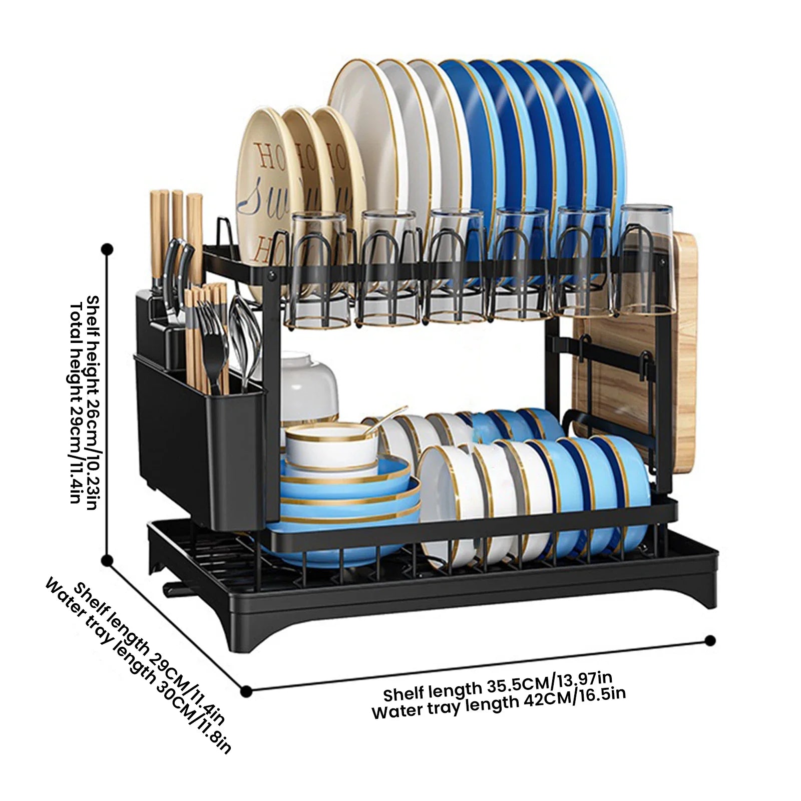 2 Tier Stainless Steel Dish Drying Rack with Drainboard Kitchen Tableware Storage Organizer