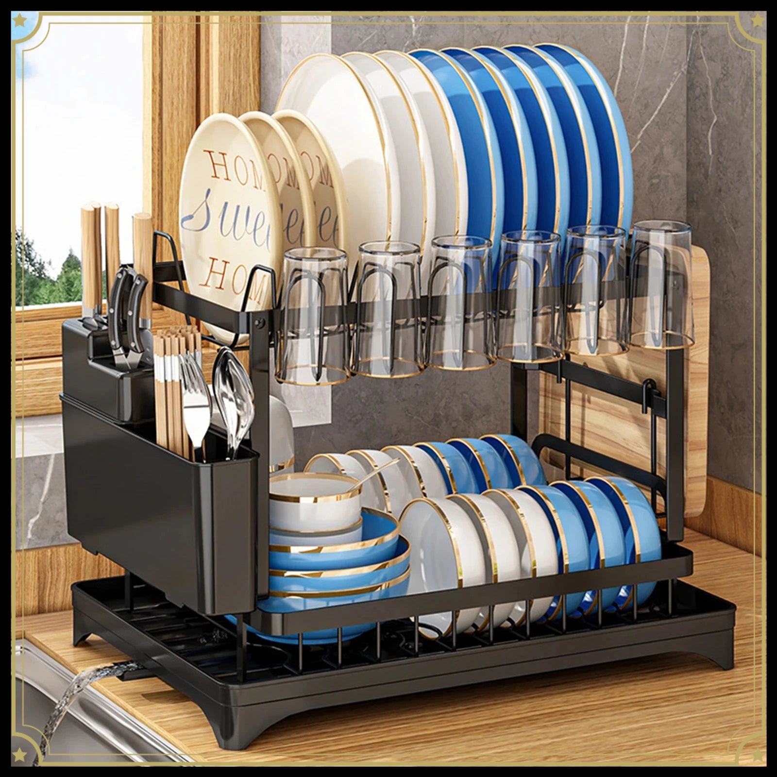 2 Tier Stainless Steel Dish Drying Rack with Drainboard Kitchen Tableware Storage Organizer