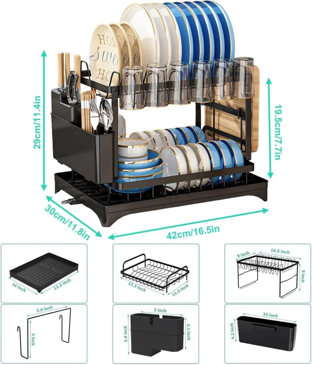 2 Tier Stainless Steel Dish Drying Rack with Drainboard Kitchen Tableware Storage Organizer