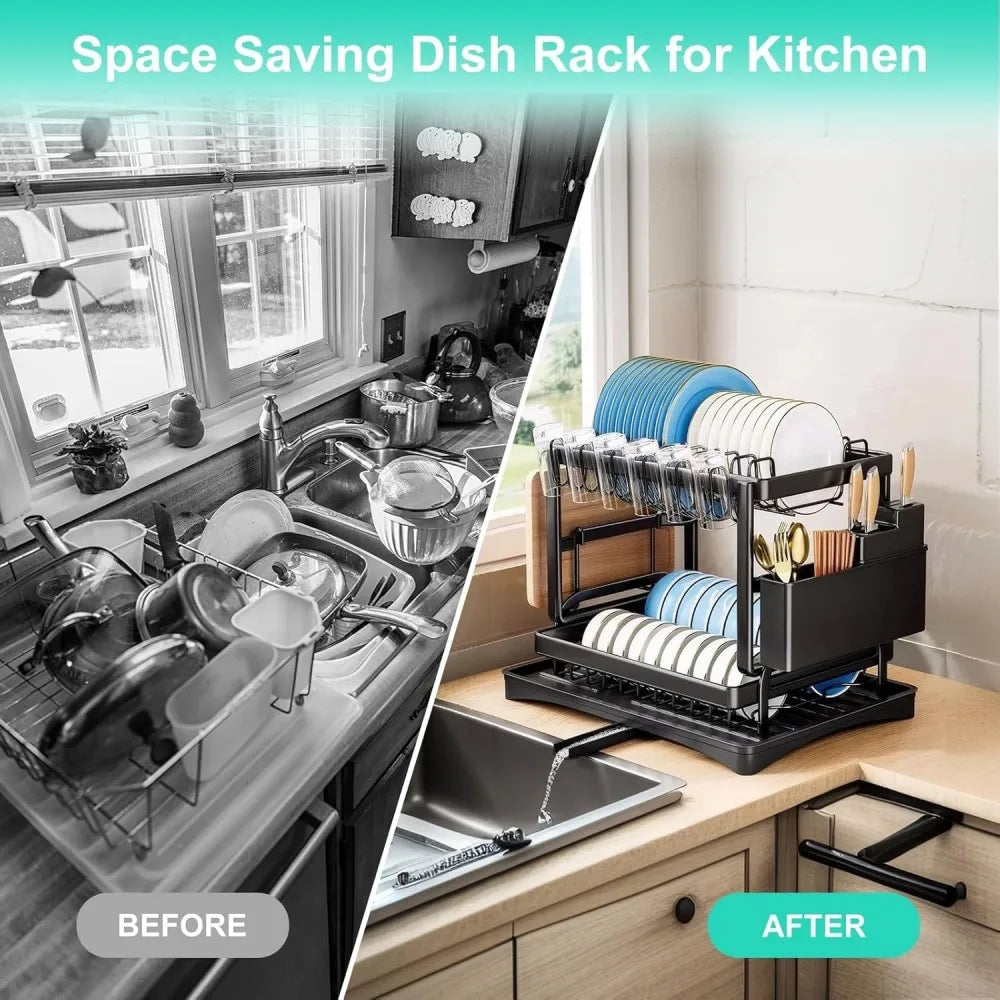 2 Tier Stainless Steel Dish Drying Rack with Drainboard Kitchen Tableware Storage Organizer